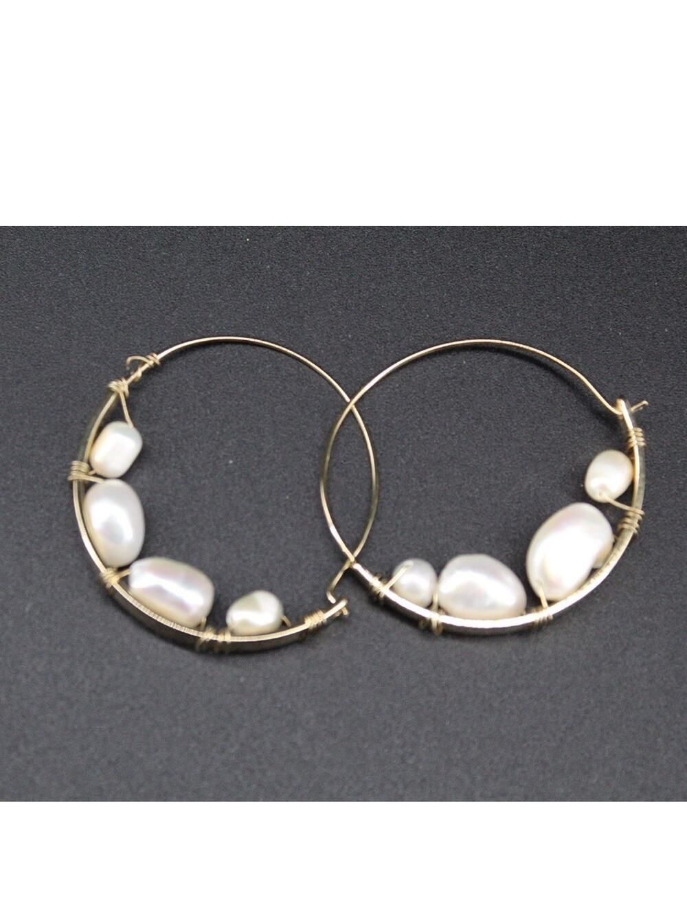 Freshwater Pearl Hoop Earrings Gold Tone Wire Wrapped Boho Coastal